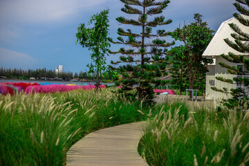 panoramic background of high mountain scenery, overlooking the atmosphere of the sea, trees and wind blowing in a cool blur, spontaneous beauty