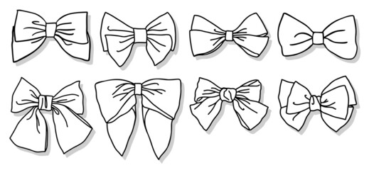 Obraz na płótnie Canvas Tie bow collection. Hand drawn, doodled vector illustration bundle. Outline with white fill and grey shadow, isolated gift wrapping decoration.