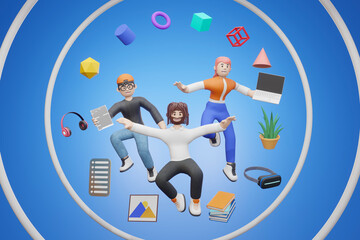 3D cartoon character A group of friends jumping into teamwork. - 3D rendering