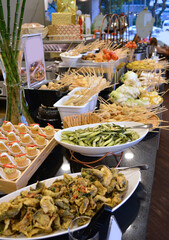 luxury buffet party dining catering with decoration in asian fusion halal canapés butler menu at beautiful hotel restaurant vip ballroom lounge