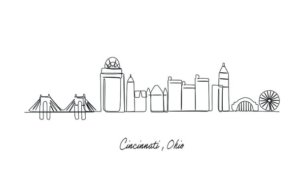Continuous one line drawing of Cincinnati city skyline, Ohio. Historical town landscape. Best holiday destination home wall decor art poster print. Trendy line draw design vector illustration