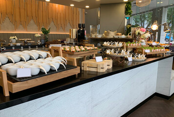 luxury buffet party dining catering with decoration in asian fusion halal menu at beautiful hotel restaurant vip ballroom lounge