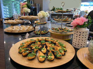 luxury buffet party dining catering with decoration in asian fusion halal canapés butler menu at...