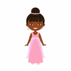 Cute afro american princess in beautiful dress isolated on white background. Flat cartoon style. Vector illustration