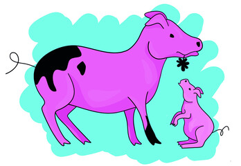 Vector pigs sow and her baby colored illustration character