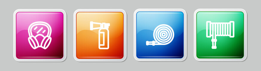 Set line Gas mask, Fire extinguisher, hose reel and . Colorful square button. Vector