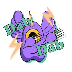 Dabbing cartoon monster. One eyed purple people eater with horn and wings. Cute design for kids. Isolated vector illustration on white background.