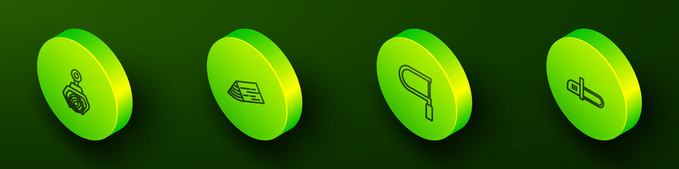 Set Isometric line Grapple crane grabbed a log, Wooden beam, Hacksaw and Chainsaw icon. Vector