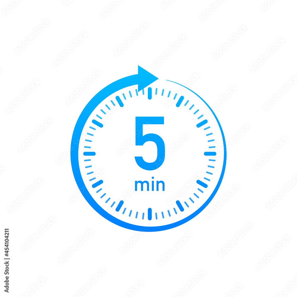 Poster the 5 minutes, stopwatch vector icon. stopwatch icon in flat style, timer on on color background. ve