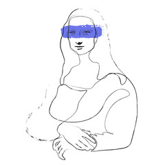 Mona Lisa line art, minimalism, black and white isolated