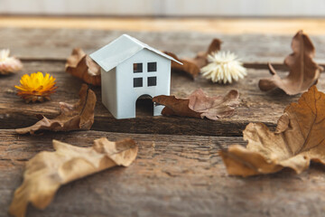 Autumnal Background. Toy house and dried fall leaves on wooden background. Thanksgiving banner copy...