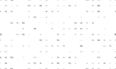 Seamless background pattern of evenly spaced black yes symbols of different sizes and opacity. Vector illustration on white background
