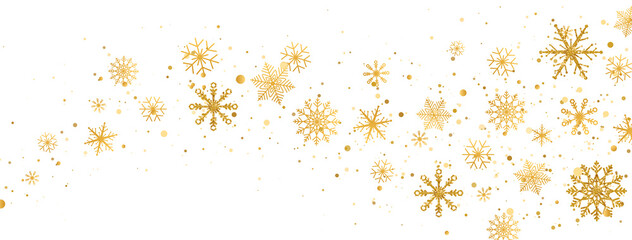 Snowflakes golden wave composition. Snow fall. Christmas gold celebration long banner. Winter design. Happy New Year card. Holiday background. Season greeting. Glitter luxury card.Vector illustration