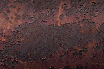 Close-up of an old rusty metal plate with old peeling paint for use as a background