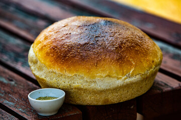 Fresh white wheat bread. Traditional Romanian bread from the oven. 