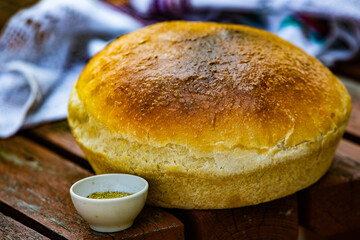 Fresh white wheat bread. Traditional Romanian bread from the oven. 