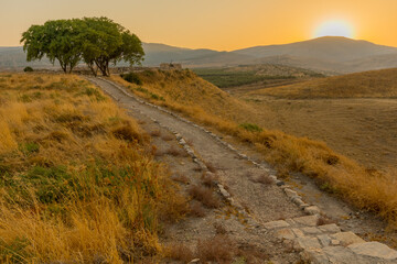 Sunset view of Hula Valley landscape, viewed from Tel Hazor - obrazy, fototapety, plakaty