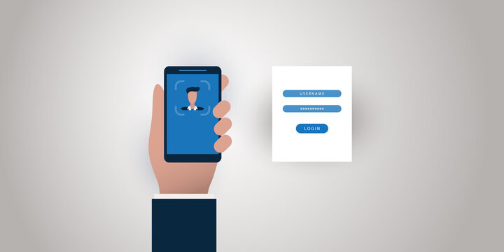 Face Recognition Concept Design -  User Authentication by Face for a Website or an Online Service on Smartphone - Vector Illustration