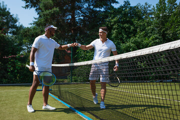Cheerful multiethnic tennis players doing fist bump near net