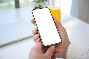 male hands holding phone with isolated screen in office