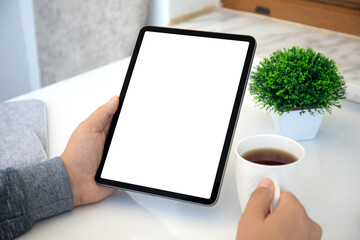 male hands hold computer tablet upright with isolated screen © DenPhoto