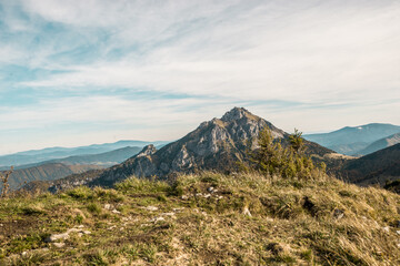 Fototapeta na wymiar View on Velky Rozsutec peak in Mala Fatra mountains, Slovakia. Sunny day and autumn mood in slovak mountains. 