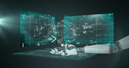 Globe of network of connections over robotic hand against screens with mathematical equations