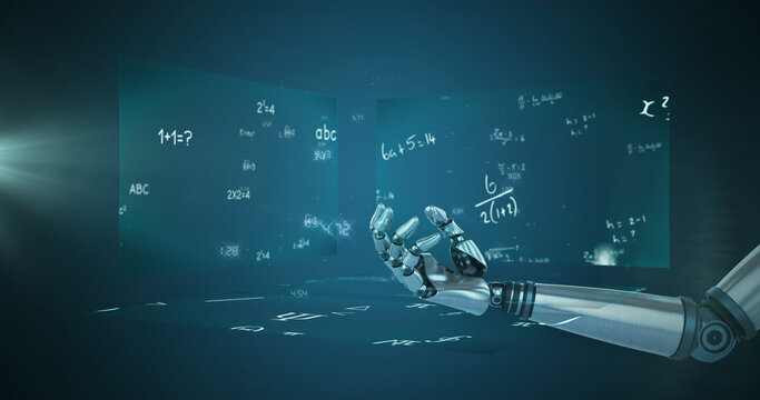 Globe of network of connections over robotic hand against screens with mathematical equations