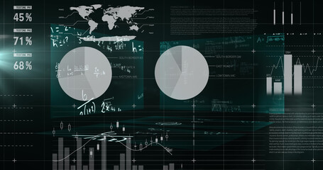 Mathematical equations floating against statistical data processing against black background