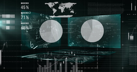 Mathematical equations floating against statistical data processing against black background