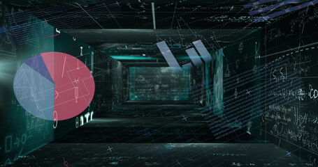 Mathematical equations floating against statistical data processing against black background