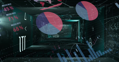 Mathematical equations floating against statistical data processing against black background