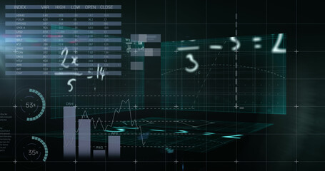Mathematical equations floating against statistical data processing against black background