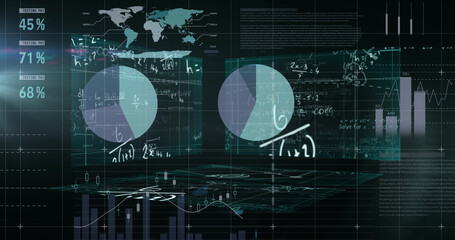 Mathematical equations floating against statistical data processing against black background