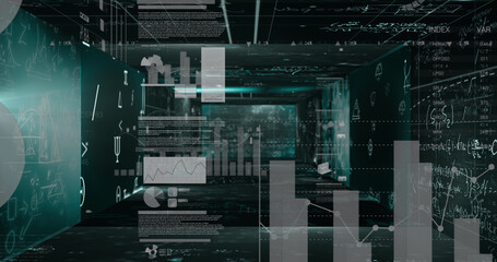 Mathematical equations floating against statistical data processing against black background