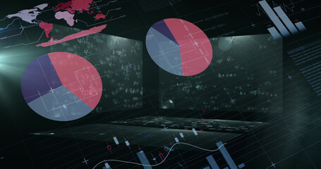 Image of equations moving and statistical information graphs processing on interface