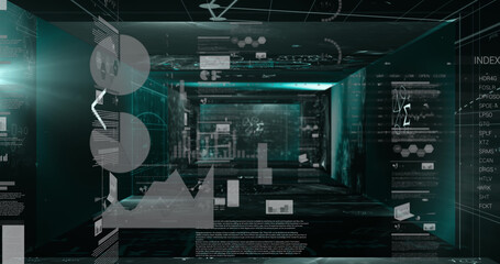 Mathematical equations floating against statistical data processing against black background