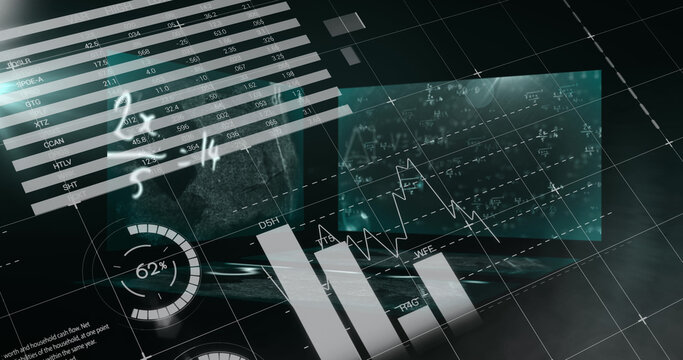 Image of equations moving and statistical information graphs processing on interface