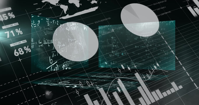 Image of equations moving and statistical information graphs processing on interface
