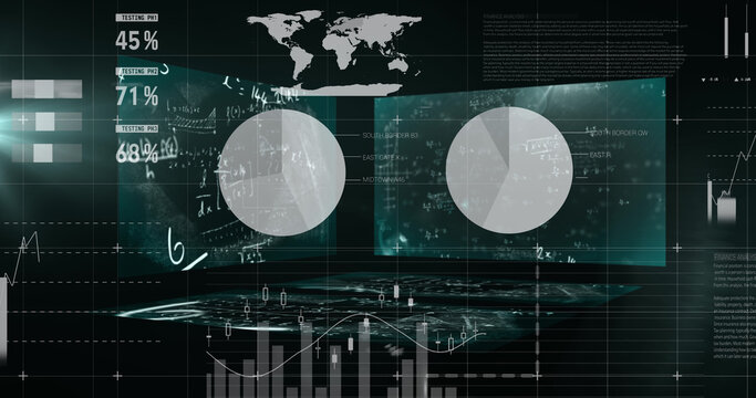 Mathematical equations floating against statistical data processing against black background