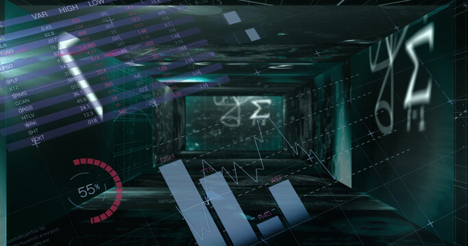 Mathematical equations floating against statistical data processing against black background