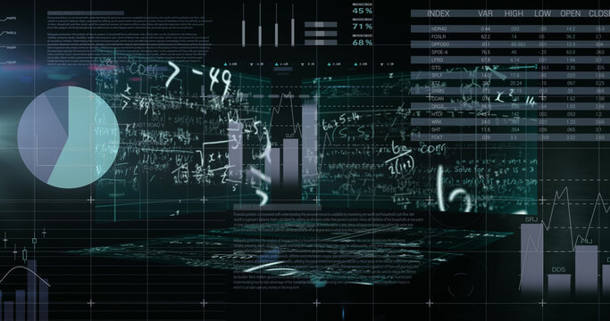 Mathematical equations floating against statistical data processing against black background - Powered by Adobe
