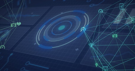 Image of scopes scanning and networks of connections on screens