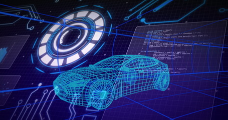 Image of 3d car technical drawing, scope scanning and data processing on screens