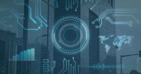 Image of scope scanning and data processing over world map and processor elements