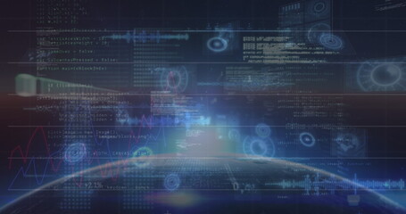 Image of scopes scanning and data processing on screens over globe and sun