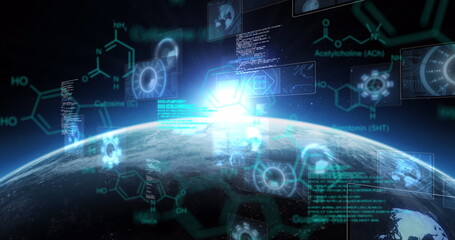 Image of scientific data processing and scopes scanning on screens over globe and sun