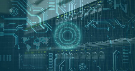 Image of scope scanning, world map and computer elements over computer server