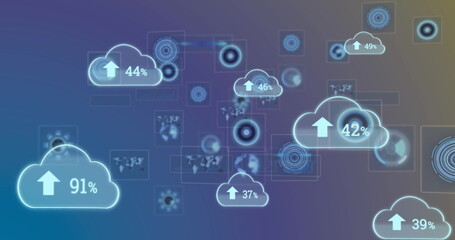 Image of digital clouds with arrows and percent growings over scopes scanning on screens