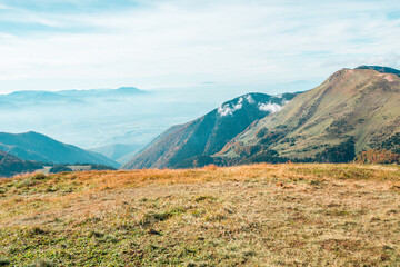 View from Mala Fatra national park. Panoramic mountain landscape in Slovakia near Terchova. Autumn colors of nature.